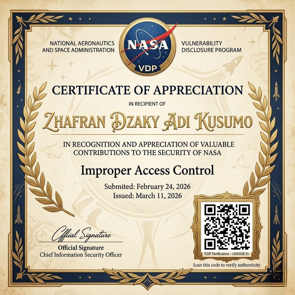 NASA VDP recognition certificate